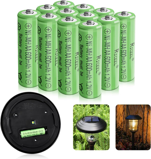 Rechargeable AA Batteries for Solar Lights, 600mAh 1.2V, 12PCS AA Rechargeable Batteries