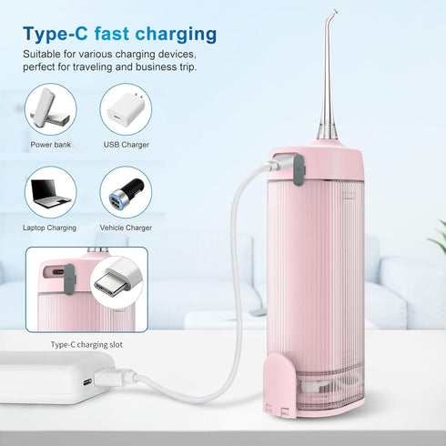 Mini Portable Water Flosser, Telescopic Tank, 4 Modes, IPX7 Waterproof, Teeth Cleaner for Home & Travel (Pink)