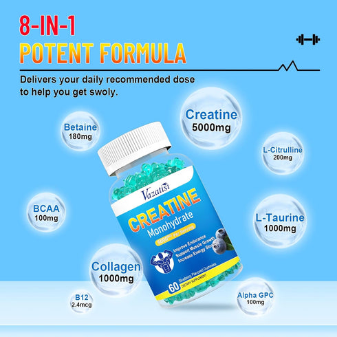 2 Pack Creatine Monohydrate Gummies 5g for Women & Men, Sugar Free Vegan Supplement for Build Muscles, Increase Energy