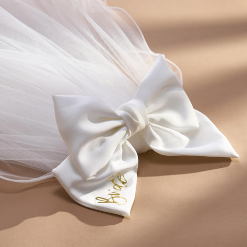 SWEETV Bridal Hair Bow Veil: White Bow Clip Pearl Accessories for Bachelorette Party and Bridal Shower Gift