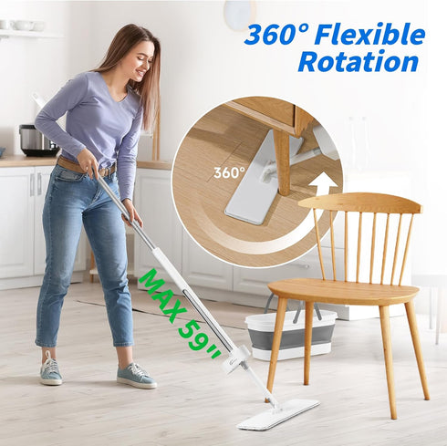 oshang OG7 Flat Mop and Collapsible Bucket, Mop and Bucket for Floor Cleaning, Foldable with Wheels, 2 Microfiber Pads