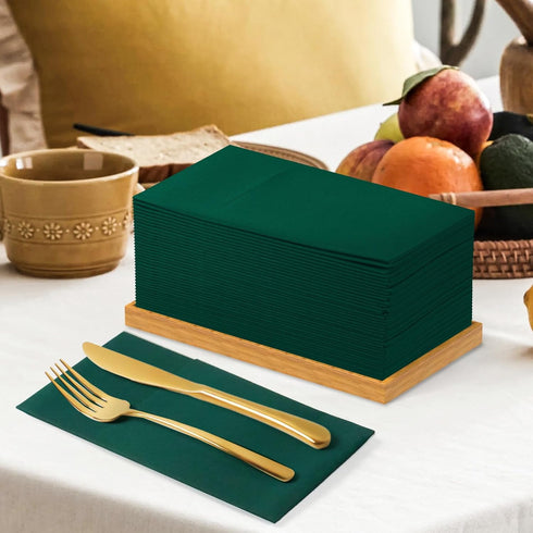 KAMMAK 100 Pack Disposable Cloth-Like Dark Green Dinner Paper Napkins - Premium Thick with Flatware Pocket