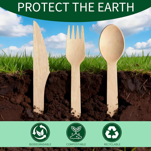 Set, 500 Pack (200 200 100 Compostable Wooden Cutlery Disposable Wood Utensils Spoons, Forks, Knives), Biodegradable