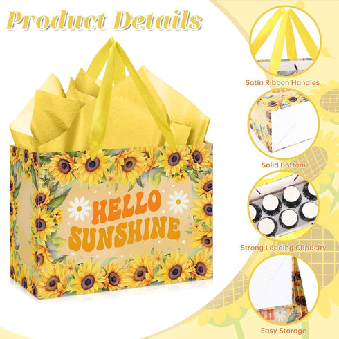 Wauprant Large Sunflower Gift Bag for Girls Women Yellow Floral Hello Sunshine Gift Bag with Wrapping Paper