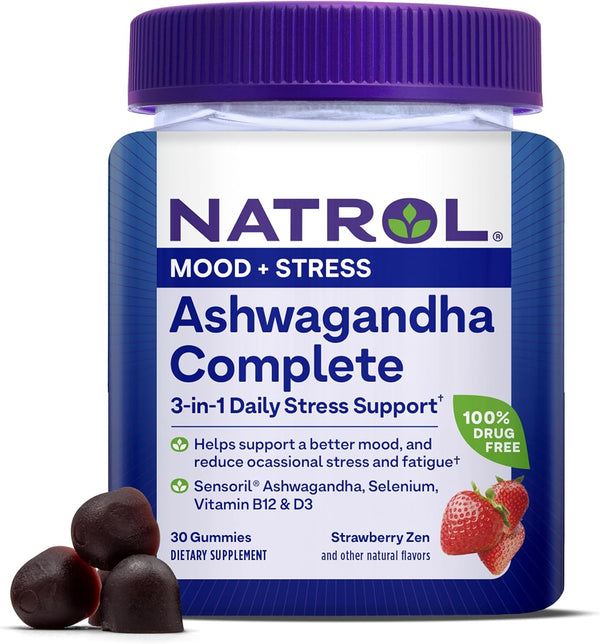 Natrol Ashwagandha Complete, 3-in-1 Daily Stress Support Gummies, 30 Strawberry Zen-Flavored Gummies
