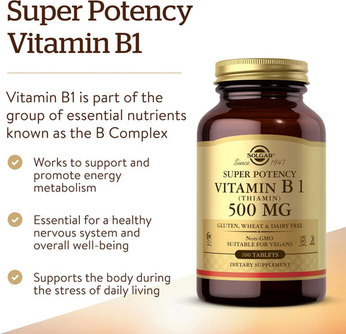 Solgar Vitamin B1 (Thiamin) 500 mg, 100 Tablets - Energy Metabolism, Healthy Nervous System, Overall Well-Being - Super Potency - Non-GMO, Vegan, Gluten/Dairy Free - 100 Servings
