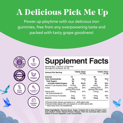 Tasty Kids Multivitamin with Iron Gummy - Gentle Iron Gummies for Kids with Vitamin C & B Complex - Vegan, Non-GMO &