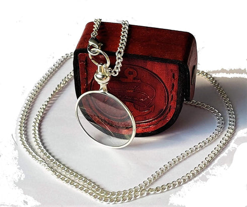Silver Coated Magnifying Glass with Optical Lens and Beautiful Necklace Chain Monocle for Fine Print