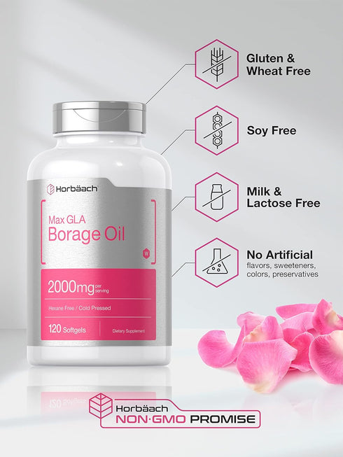 Horbaeach Borage Oil Capsules 2000 mg | 120 Softgels | Cold Pressed Seed Oil Supplement with 320mg of GLA