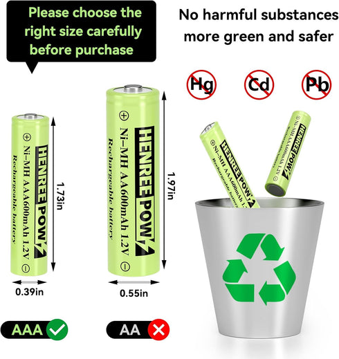 Henreepow AAA Rechargeable Battery, 1.2v Ni-MH Solar Batteries, Low Self-Discharge, Pre-Charged Triple A Battery