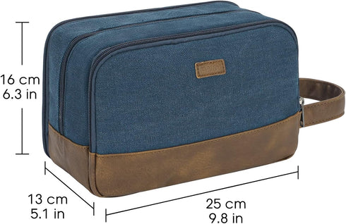 WANDF Travel Toiletry Bag for Men - Leather and Canvas Dopp Kit, Small Bathroom Bag for Travel Accessories (Blue)