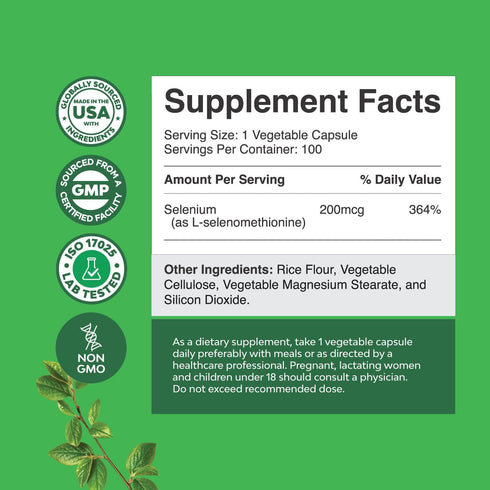 Yeast Free Selenium 200mcg Capsules - 100 Servings | High Potency Supplement for Immunity, Antioxidant, Thyroid Support