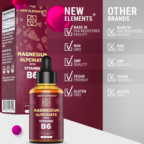 Liquid Magnesium Glycinate Drops with Vitamin B6 - 500mg Magnesium & 100mg Vitamin B6 | Non-GMO, Gluten-Free | Stress