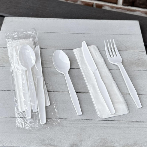 Set, 250 Boardwalk Disposable Plastic Cutlery Four Piece Silverware Kit, Case of Medium Weight Fork Knife Spoon Napkin