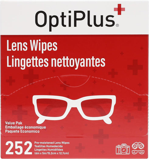 OptiPlus Eyeglass Lens Wipes, Pre-Moistened Cleaning Wipes for Glasses, 252 Count