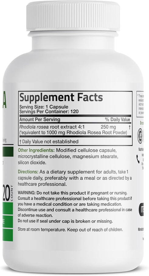 Bronson Rhodiola Rosea Vegetarian Capsules - Adaptogenic Herb - Brain, Stress & Mood Support - Non-GMO, 120 Count