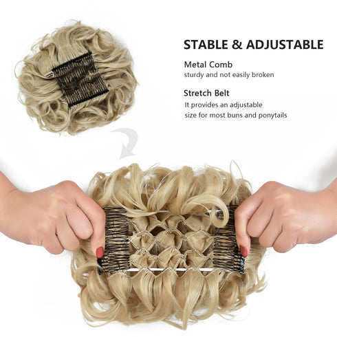 Rose Bud Chignon Hairpiece, Curly Bun Extensions Scrunchie Updo for Women (Natural Blonde)
