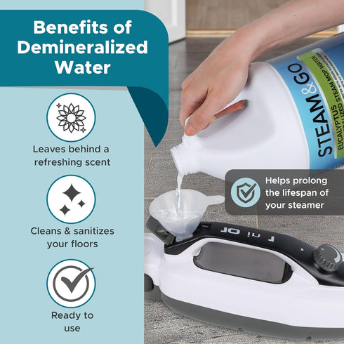 Steam and Go Demineralized Water, Multi-Surface Cleaning Solution for Steam Mop, Eucalyptus Mint, 128oz