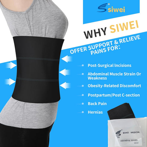 S Abdominal Binder Post Surgery, Elastic Waist Band for Stomach Support & Compression, 3 PANEL - 9" High BLACK