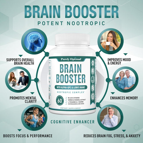 Premium Brain Supplement, Nootropic Brain Booster for Focus, Clarity, Memory, 60 Caps