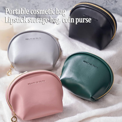 Womens Mini Cosmetic Beauty Bag, Half Moon Coin Purse with Zipper for Makeup Accessories (Pink)