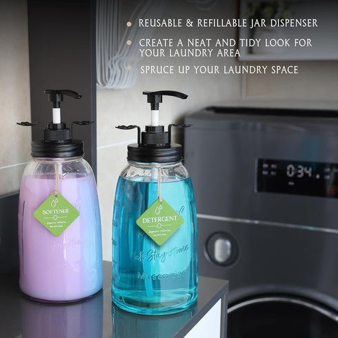 Besuerte Laundry Room Liquid Detergent Dispenser - Two 50oz Refillable Glass Mason Jar Containers with Pump
