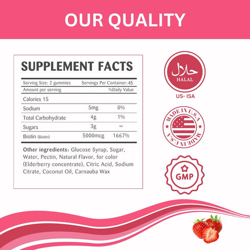Gummies 90 Gummies Greenfield Nutritions - Halal Biotin Vitamin for Hair, Skin and Nails, Supports Fat Metabolism, Hair