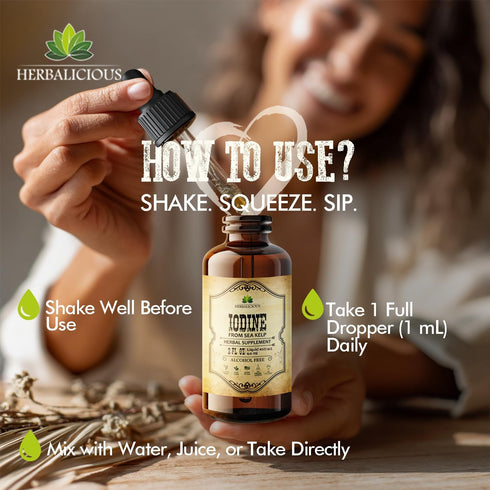 Immune 2 oz HERBALICIOUS Iodine Drops Natural Iodine Liquid from Sea Kelp Thyroid Supplement for Energy, Digestion