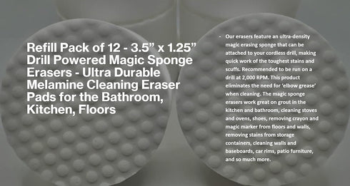 Refill Pack of 12 Drill Powered 3.5” Magic Sponge Erasers, Compatible with RotoEraser, Ultra Durable Pads