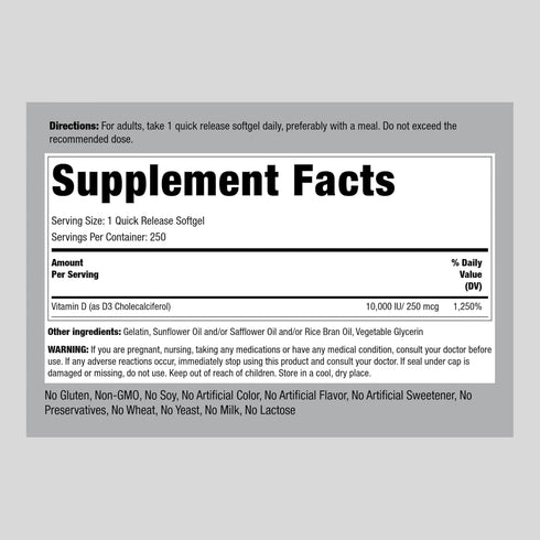 Piping Rock Vitamin D3 10000 IU | 250 Softgels | High Potency | Non-GMO, Gluten Free Supplement