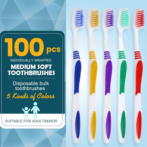 Navona 100 PCS Individually Wrapped Toothbrush Pack, Colorful Manual Disposable Set for Travel