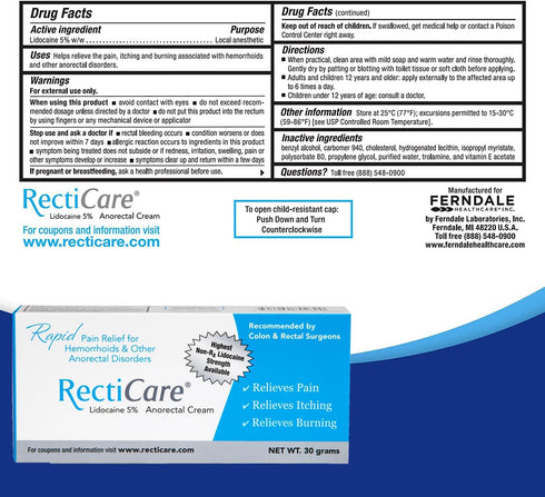 RectiCare Anorectal Lidocaine 5% Cream for Hemorrhoids & Anorectal Disorders, 30g Tube