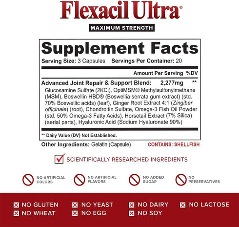 Joint Health & Support Supplement with Glucosamine, Chondroitin, Hyaluronic Acid & MSM, 60 Capsules