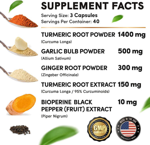 4-in-1 Turmeric and Garlic Supplements with Bioperine 2360 mg (240 ct) - Turmeric Curcumin with Black Pepper for Joint,
