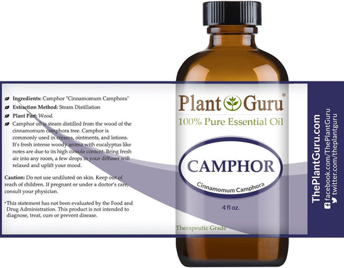 Plant Guru Camphor Essential Oil 4 oz, 100% Pure Undiluted Therapeutic Grade for Skin, Body, Hair Growth