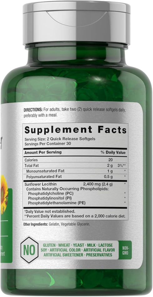 Horbaeach Sunflower Lecithin 2400mg | 60 Softgel Capsules | Naturally Occurring Phospholipids | Non-GMO, Gluten Free Supplement |