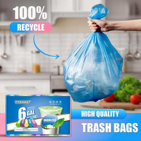 6 Gallon Colored Trash Bags, 150 Count, 0.94 Mil Thick Medium Garbage Bags for Home Office Kitchen
