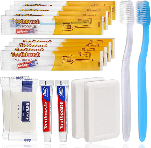 30 Pack Disposable Toothbrushes with Toothpaste and Soap, Individually Wrapped, 2 Colors, Hotel Travel Size