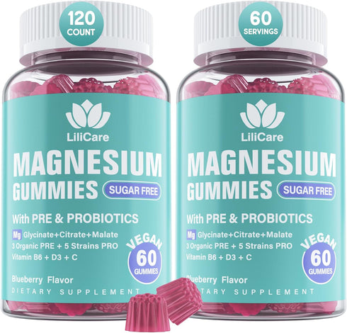 Sugar Free Magnesium Gummies 400mg with Organic Prebiotics & Probiotics - 5 Billion CFUs, Magnesium Glycinate, Malate,