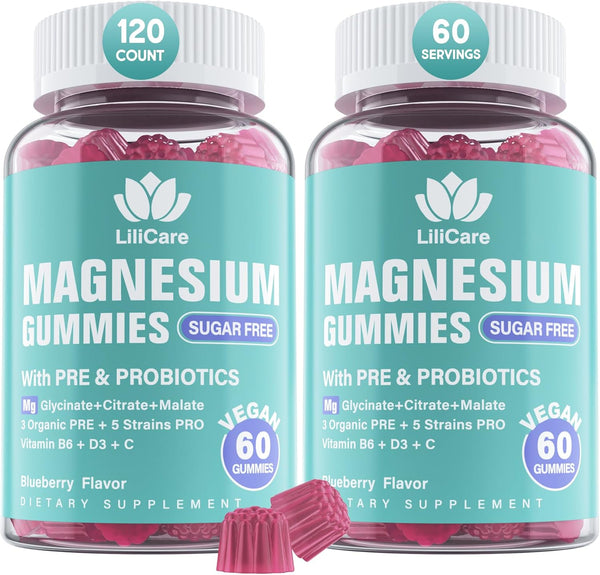Sugar Free Magnesium Gummies 400mg with Organic Prebiotics & Probiotics - 5 Billion CFUs, Magnesium Glycinate, Malate,