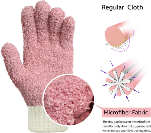 MIG4U Microfiber Dusting Gloves House Cleaning Glove for Blinds, Windows, Shutters, Furniture, and Car, Reusable Lint-Free Pink 2 Pairs S/M