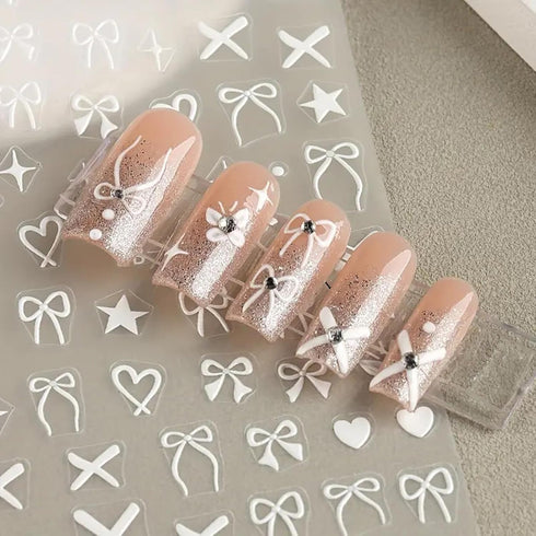 Heart Bows Nail Art Stickers Decals, 4 Pcs, White Red Pink Bow Tie Nail Design, Valentine's Day Nail Supplies