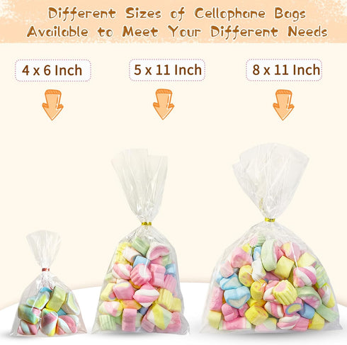 QOIUSO 100pcs Cellophane Treat Bags: 4 x 6 Inch Small Clear Goodie Candy Bags with 4 Colors Twist Ties for Gift Wrapping