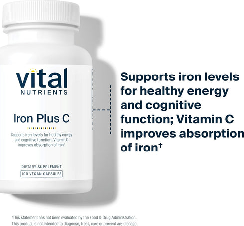 Vital Nutrients Iron Plus C | 100 Capsules Vegan Iron Supplement with 20mg Iron & 200mg Vitamin C for Energy Levels