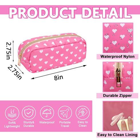 Waterproof Small Pencil Case Makeup Bag for Purse,Cute Pencil Pouch Preppy Nylon Makeup Brush Holder with Zipper,Girls Portable Storage Case Small Pen Bag for Office College(Slim-Pink Heart)