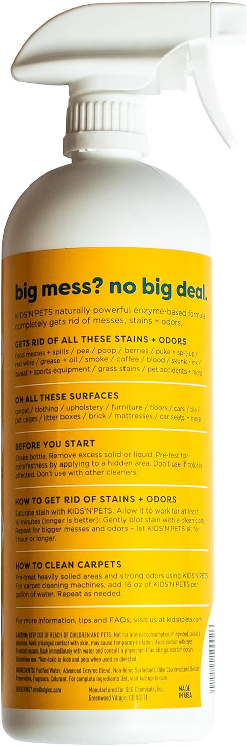 KIDS 'N' PETS - Instant All-Purpose Stain & Odor Remover – 27 fl oz - Permanently Eliminates Tough Stains & Odors – Even Urine Odors - No Harsh Chemicals, Non-Toxic & Child Safe, Multi-Color