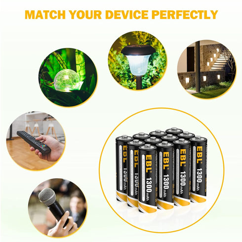 EBL 1.2V AA Rechargeable Batteries for Solar Lights, Pre-Charged 1300mAh, Pack of 12