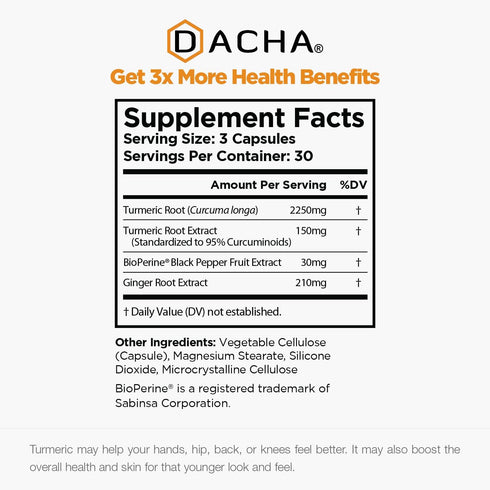 DACHA Tumeric Curcumin Supplement - 2250mg Joint Support Supplements Turmeric with Black Pepper Ginger 95% Curcuminoids Capsules