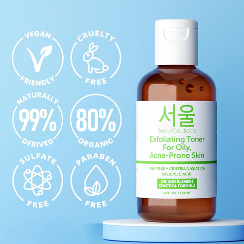 SeoulCeuticals Korean Toner for Oily Acne Prone Skin, Tea Tree Facial Toner with Centella Asiatica, 4 FL OZ