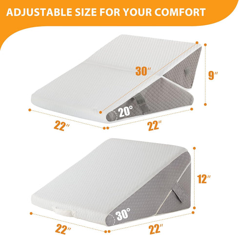 Bed Wedge Pillow for Sleeping, 9&12 Inch Adjustable Memory Foam Triangle Pillow for Back Pain Relief, White/Grey